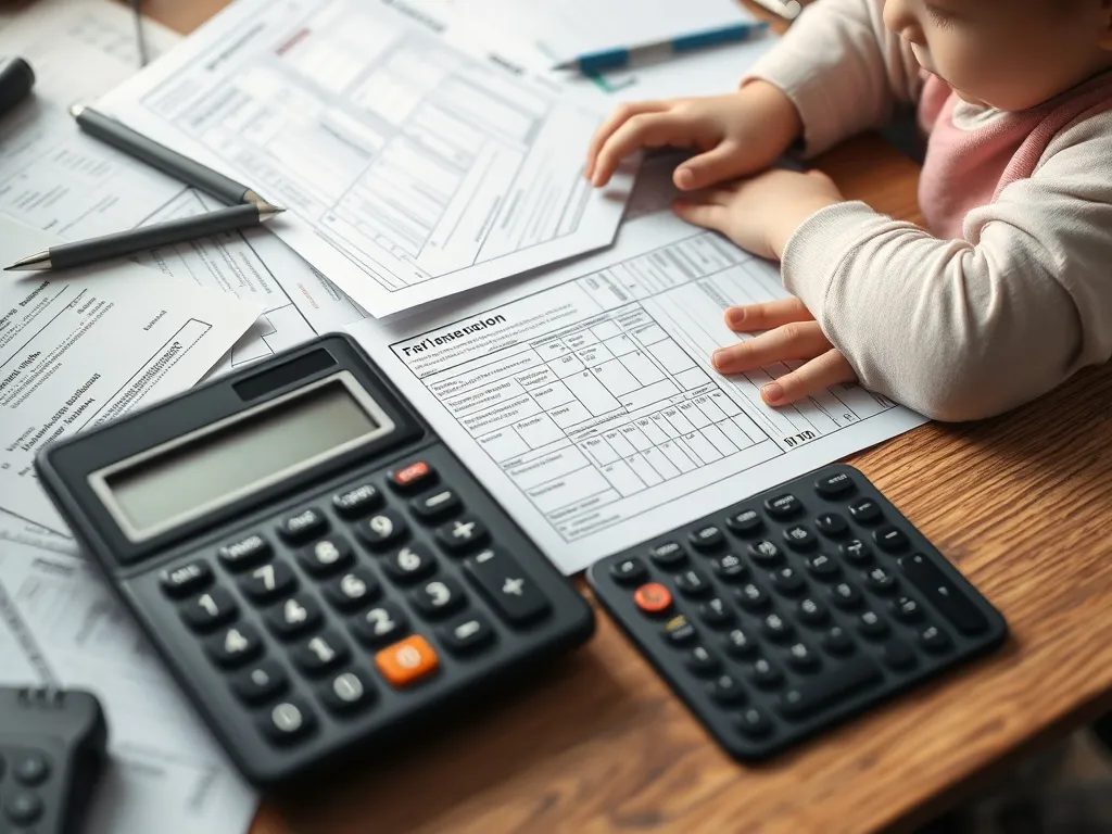 A close-up of a messy desk with tax forms, a calculator, and