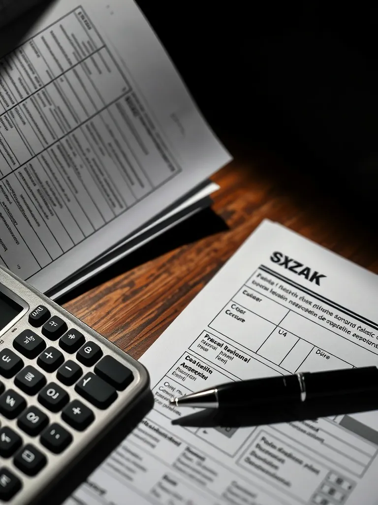 A close-up high-contrast photo of messy tax forms, a calcula